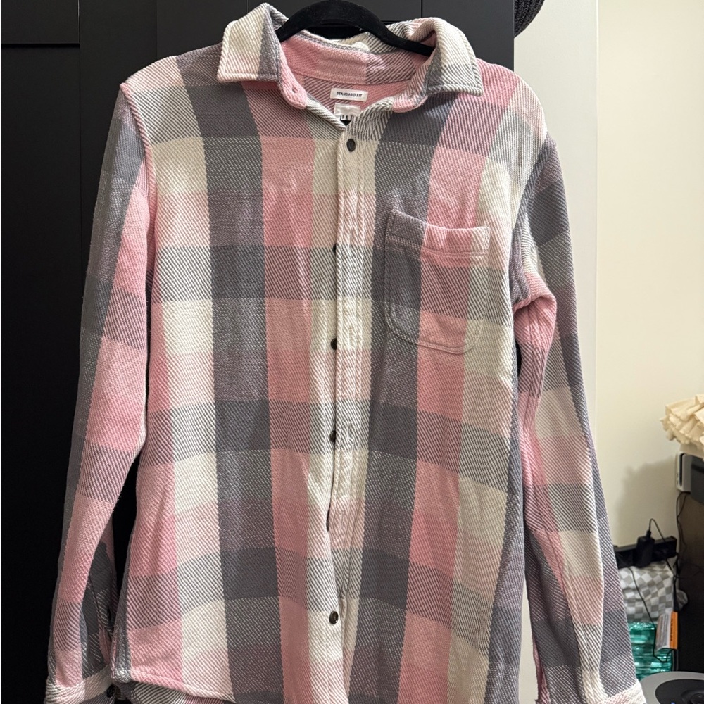 Pink and Gray Plaid Button-Up Shirt